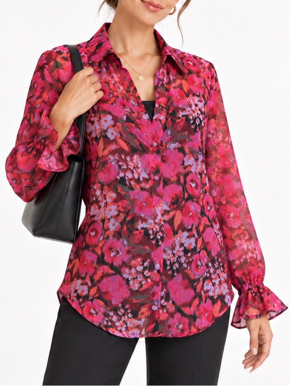 Steve Madden Sheer Floral Button Down Blouse Ruffle Cuffs Pink Purple Small